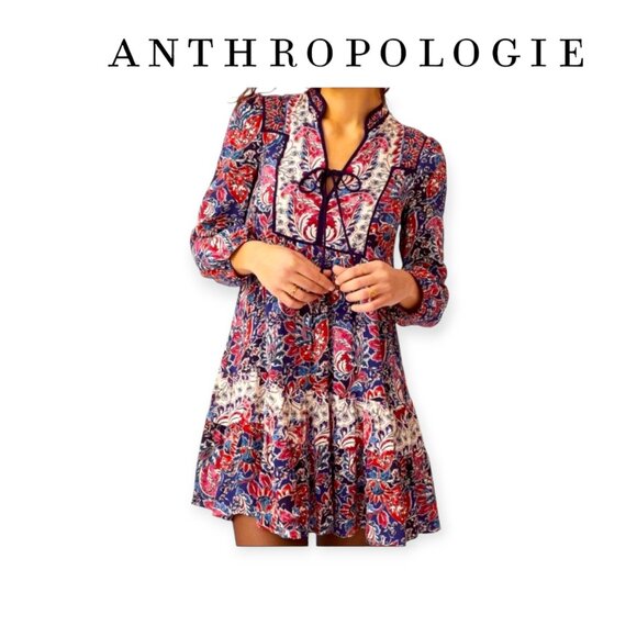 Anthropologie Dresses & Skirts - Anthropologie l/s 100% viscose blue motif Fall boho Spliced Tunic Dress size S